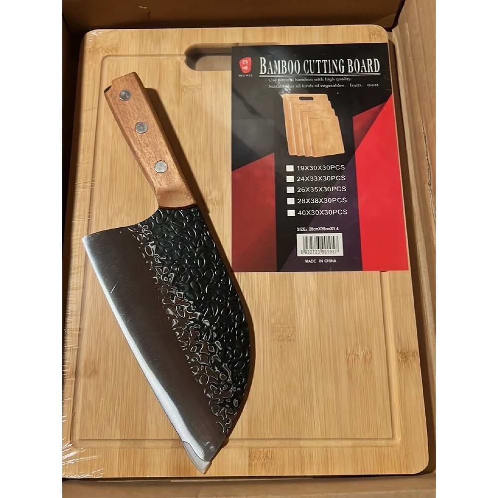 bamboo cutting board with steel cleaver knife